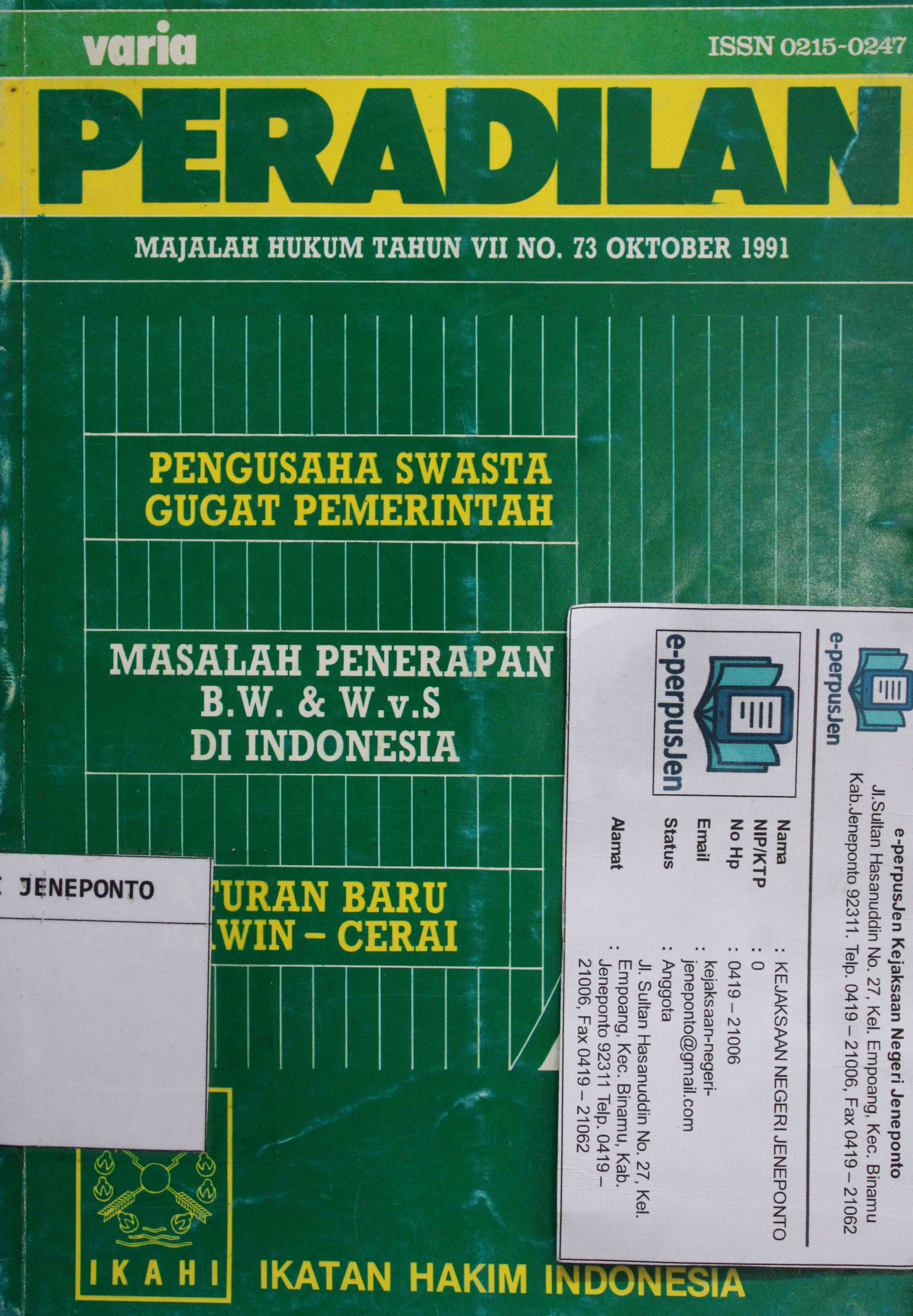 Varia Peradilan Majalah Hukum Tahun VII No 73 Oktober 1991